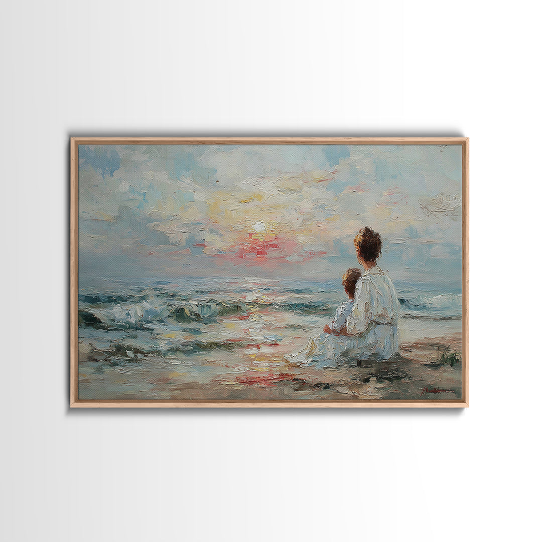 Impasto Mother And Child At Gentle Ocean Sunrise Framed Canvas Print, Coastal Wall Art, Beach Decor, Gift For Mom, Serene Home Decor