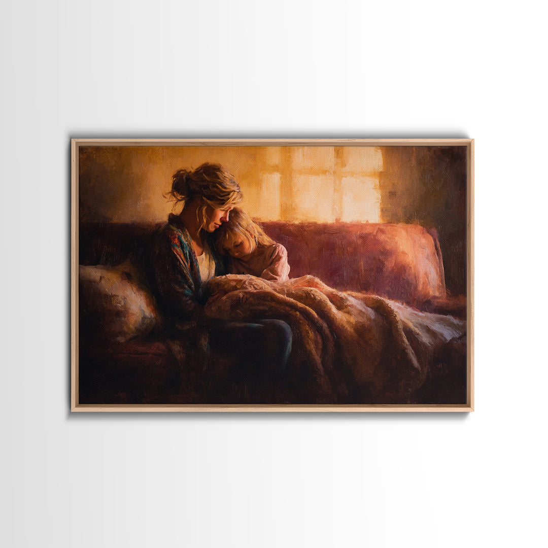 Mother And Child Cuddling On Warm Sofa Canvas Print, Cozy Bedroom Wall Art, Family Home Decor, Gift For Mom, Nursery Art