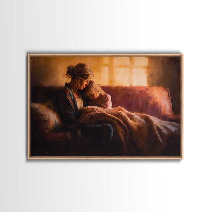 Mother And Child Cuddling On Warm Sofa Canvas Print, Cozy Bedroom Wall Art, Family Home Decor, Gift For Mom, Nursery Art