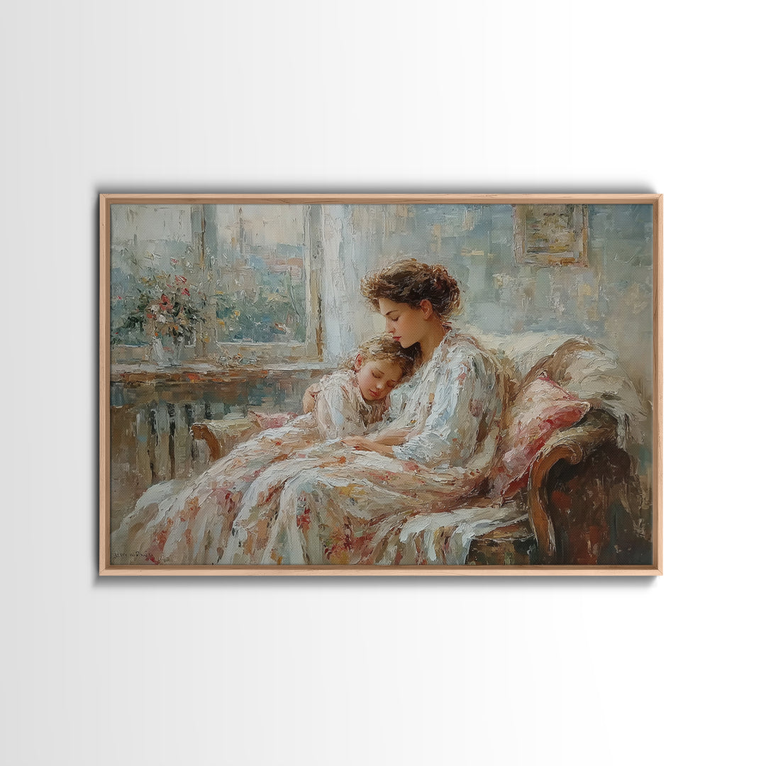 Mother And Child Resting By Window Wall Art, Impressionist Family Portrait, Cozy Bedroom Decor, Gift For Mom, Nursery Art