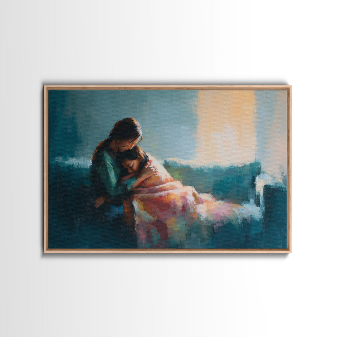 Mother Comforting Child In Blue Room Canvas Print, Modern Family Wall Decor, Emotional Portrait Art, Gift For Mom, Home Decor