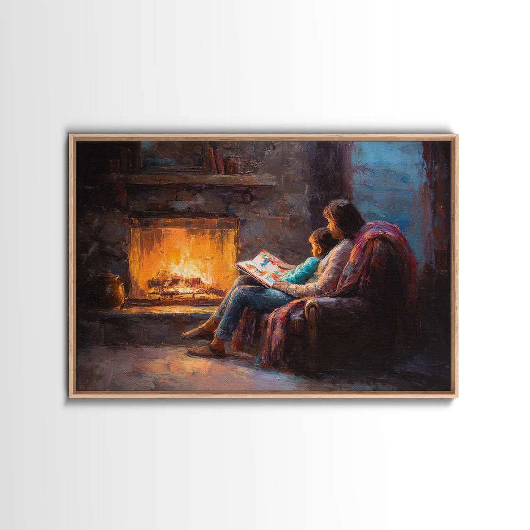 Mother And Child Reading By Glowing Fireplace Canvas Print, Cozy Family Wall Art, Dark Academia Decor, Gift For Mom, Living Room Decor