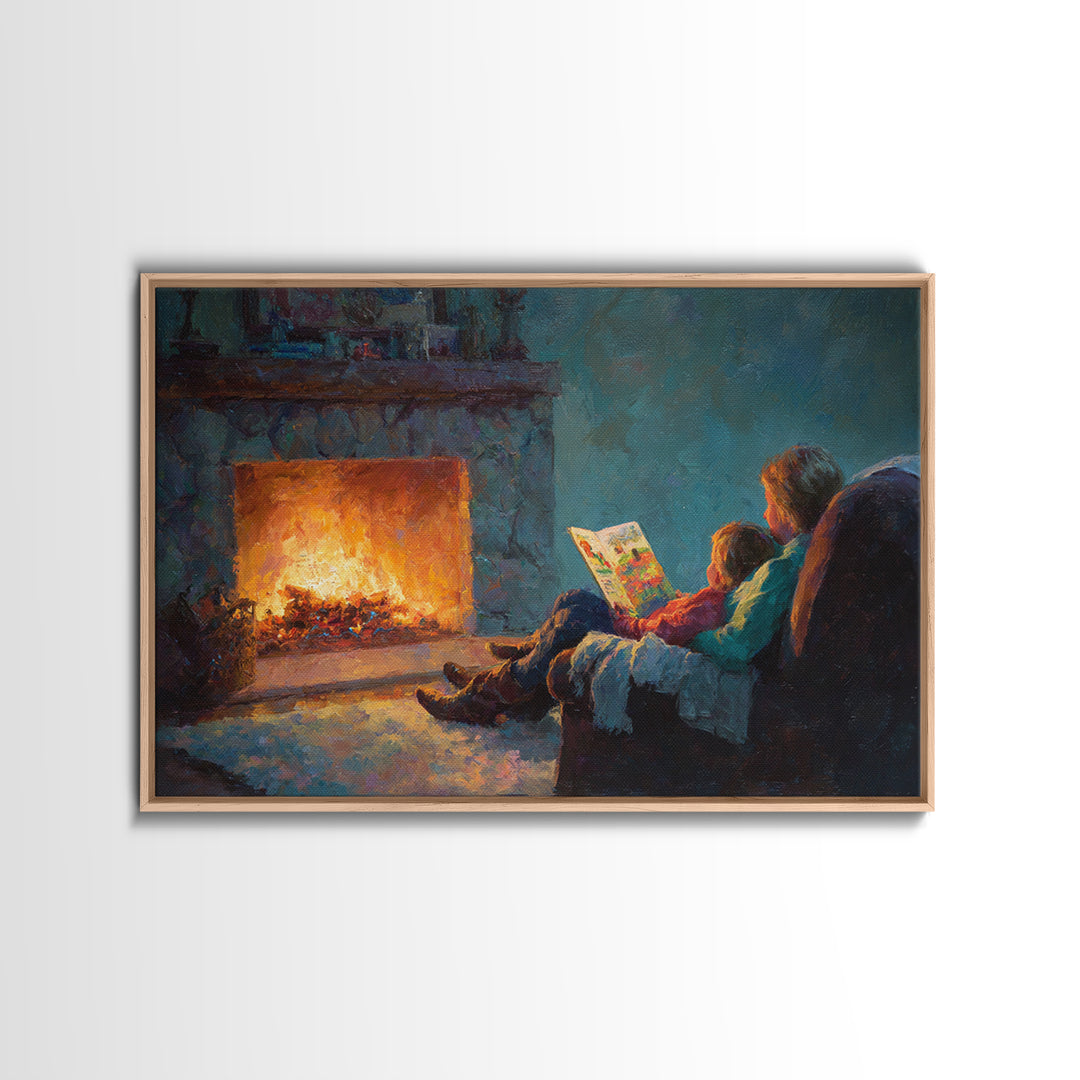 Mother And Child Storytime By Fireplace Framed Canvas Print, Cozy Living Room Wall Art, Family Reading Decor, Gift For Mom