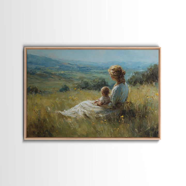 Mother And Baby In Wildflower Meadow Wall Art, Impressionist Landscape Painting, Feminine Nursery Decor, Gift For Mom, Living Room Decor
