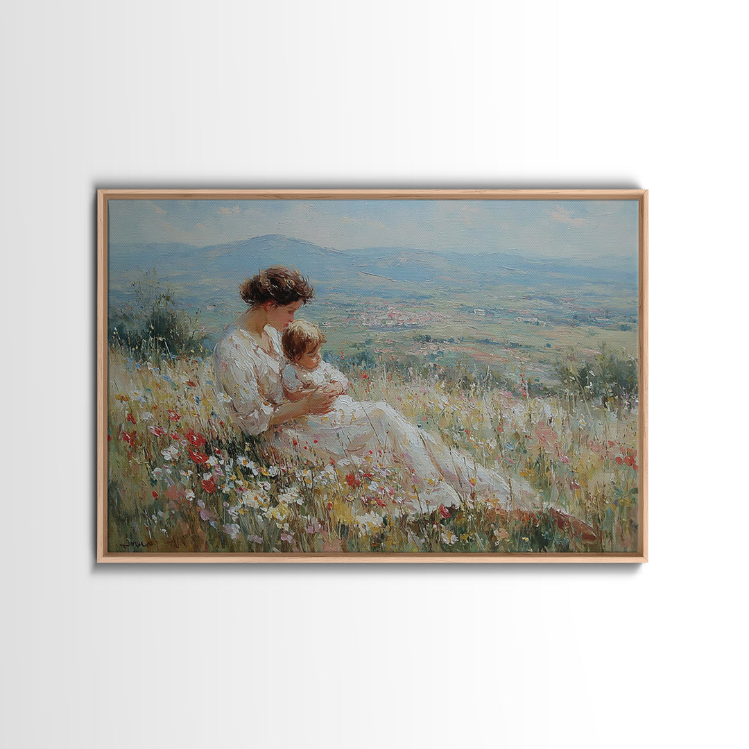 Seated Mother Nursing Baby In Flower Field Framed Canvas Print, Impressionist Landscape Art, Feminine Bedroom Decor, Gift For Her