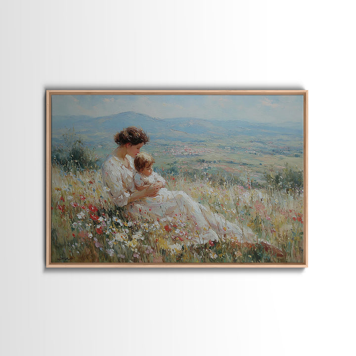 Seated Mother Nursing Baby In Flower Field Framed Canvas Print, Impressionist Landscape Art, Feminine Bedroom Decor, Gift For Her