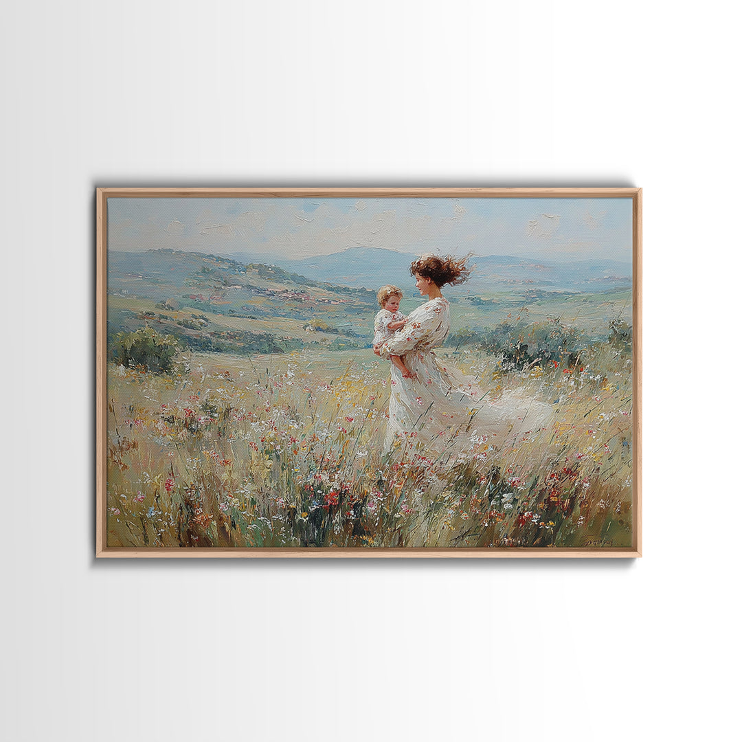 Standing Mother With Baby In Wildflower Valley Canvas Print, Impressionist Floral Landscape, Nursery Decor, Gift For Mom