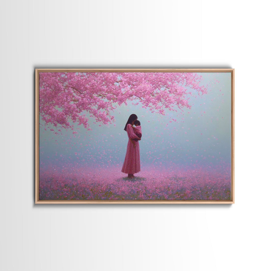 Mother And Child Under Pink Blossoms Wall Art, Cherry Blossom Painting, Feminine Nursery Decor, Romantic Gift For Her, Pink Wall Art