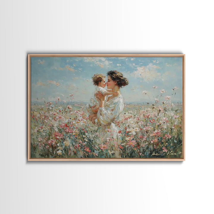 Mother Kissing Baby In Wildflower Field Canvas Print, Impressionist Floral Painting, Nursery Wall Art, Gift For Mom, Living Room Decor