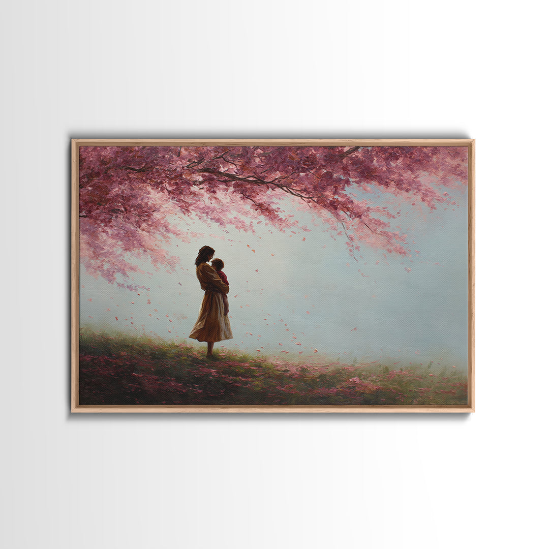 Mother And Child Under Pink Blossoms Wall Art, Soft Spring Meadow Canvas, Feminine Nursery Decor, Gift For Mom, Living Room Decor