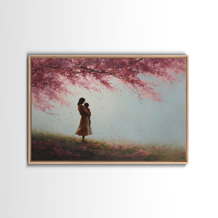 Mother And Child Under Pink Blossoms Wall Art, Soft Spring Meadow Canvas, Feminine Nursery Decor, Gift For Mom, Living Room Decor