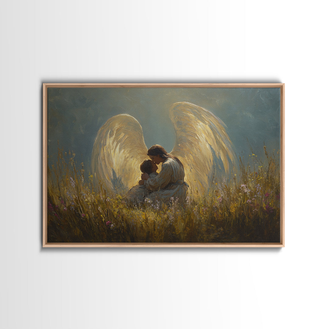 Golden Winged Angel And Child Meadow Framed Canvas Print, Spiritual Wall Art, Christian Nursery Decor, Gift For Her, Living Room Decor