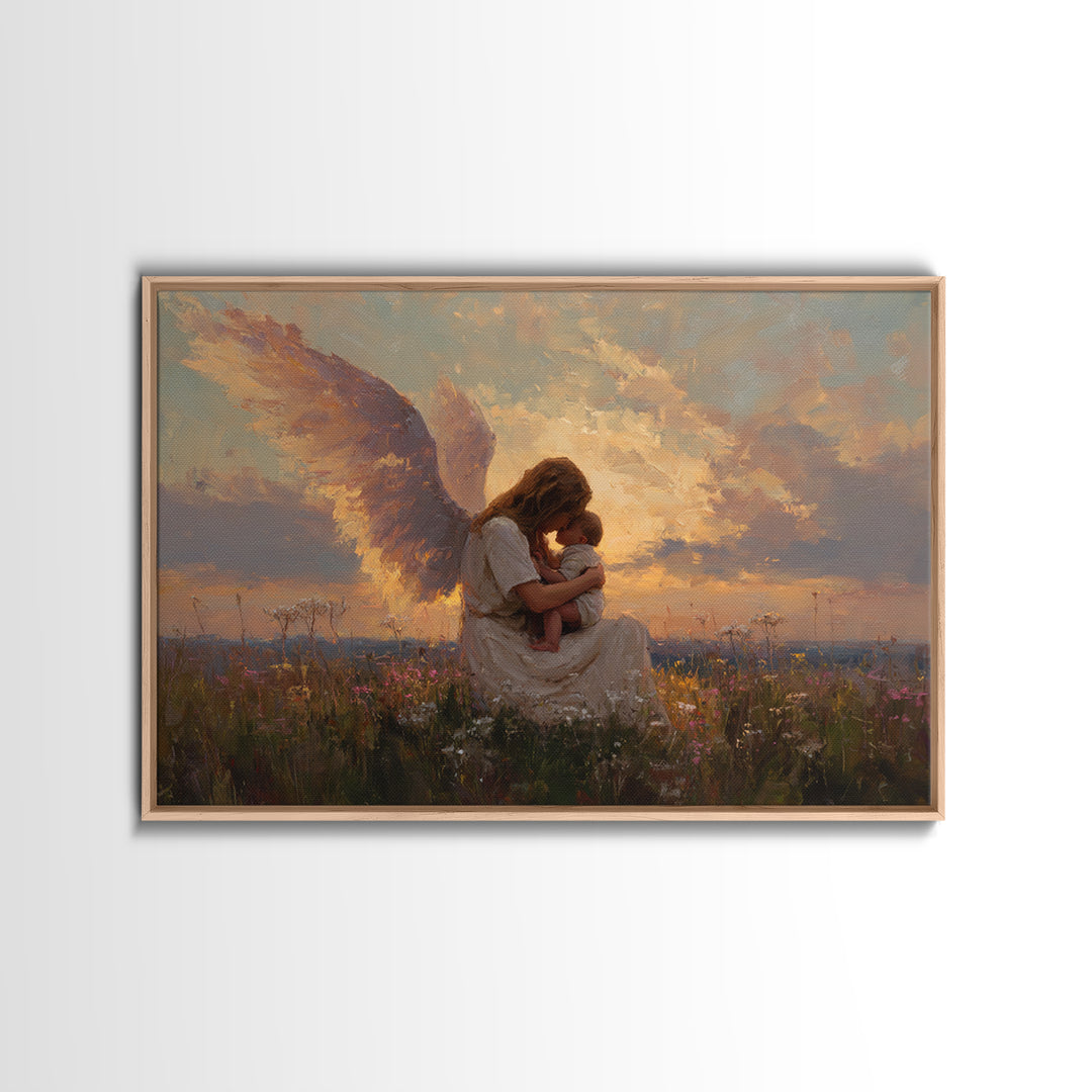 Sunset Angel Mother Cradling Baby Canvas Print, Guardian Angel Wall Art, Spiritual Nursery Decor, Christian Gift For Her
