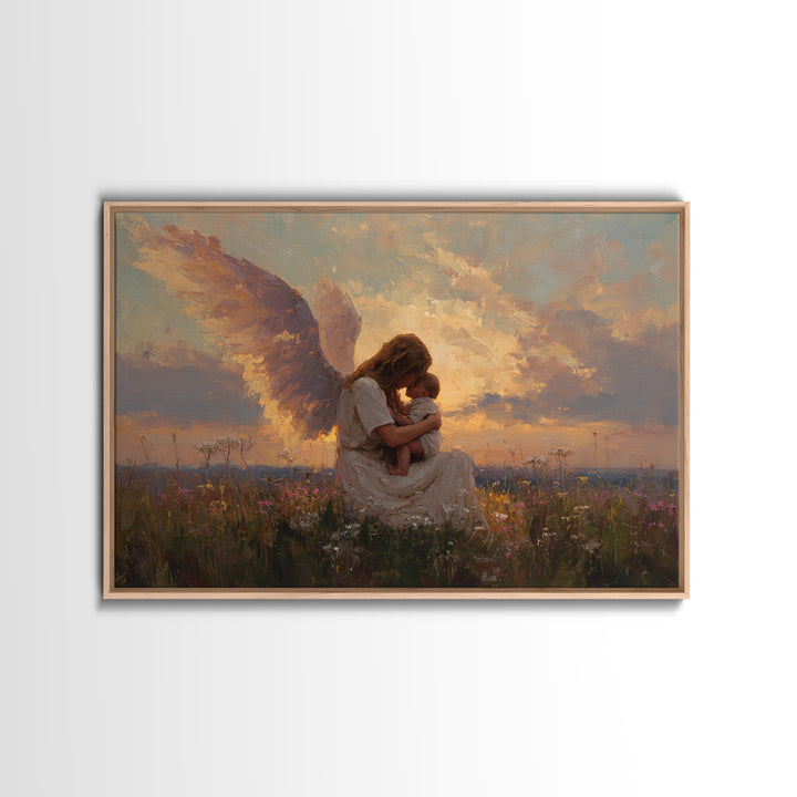 Sunset Angel Mother Cradling Baby Canvas Print, Guardian Angel Wall Art, Spiritual Nursery Decor, Christian Gift For Her