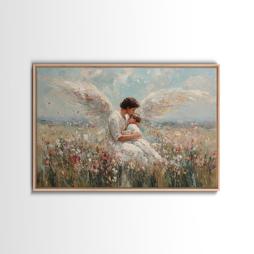 Guardian Angel Holding Baby In Wildflower Field Framed Canvas Print, Christian Wall Art, Nursery Decor, Spiritual Gift Idea