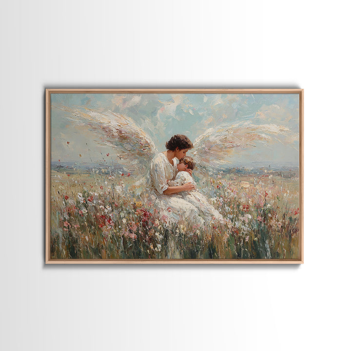 Guardian Angel Holding Baby In Wildflower Field Framed Canvas Print, Christian Wall Art, Nursery Decor, Spiritual Gift Idea