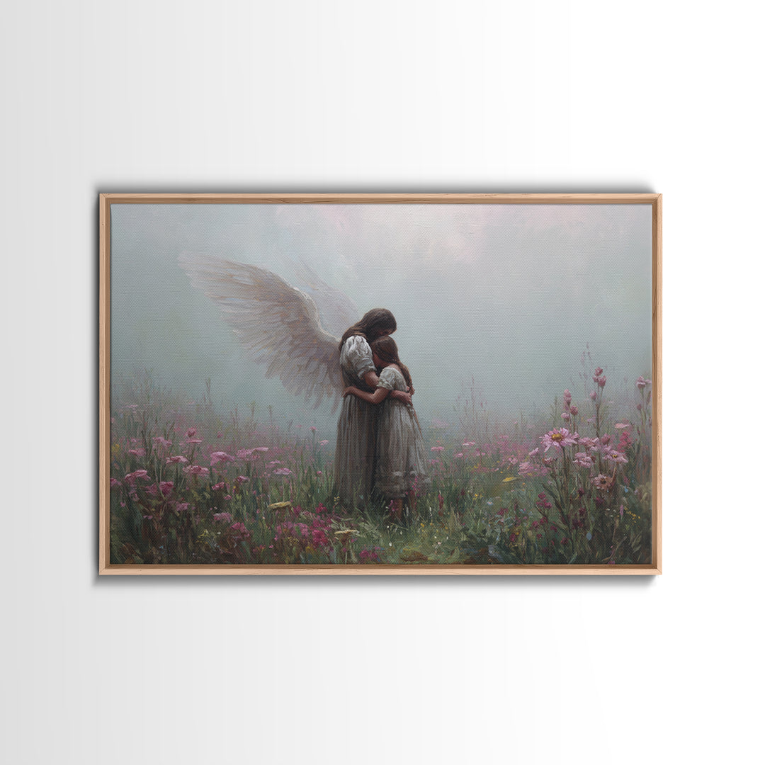 Guardian Angel Hugging Child In Misty Wildflowers Wall Art, Spiritual Nursery Decor, Moody Floral Fine Art Print For Mom