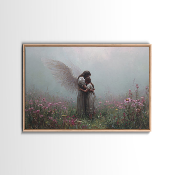 Guardian Angel Hugging Child In Misty Wildflowers Wall Art, Spiritual Nursery Decor, Moody Floral Fine Art Print For Mom