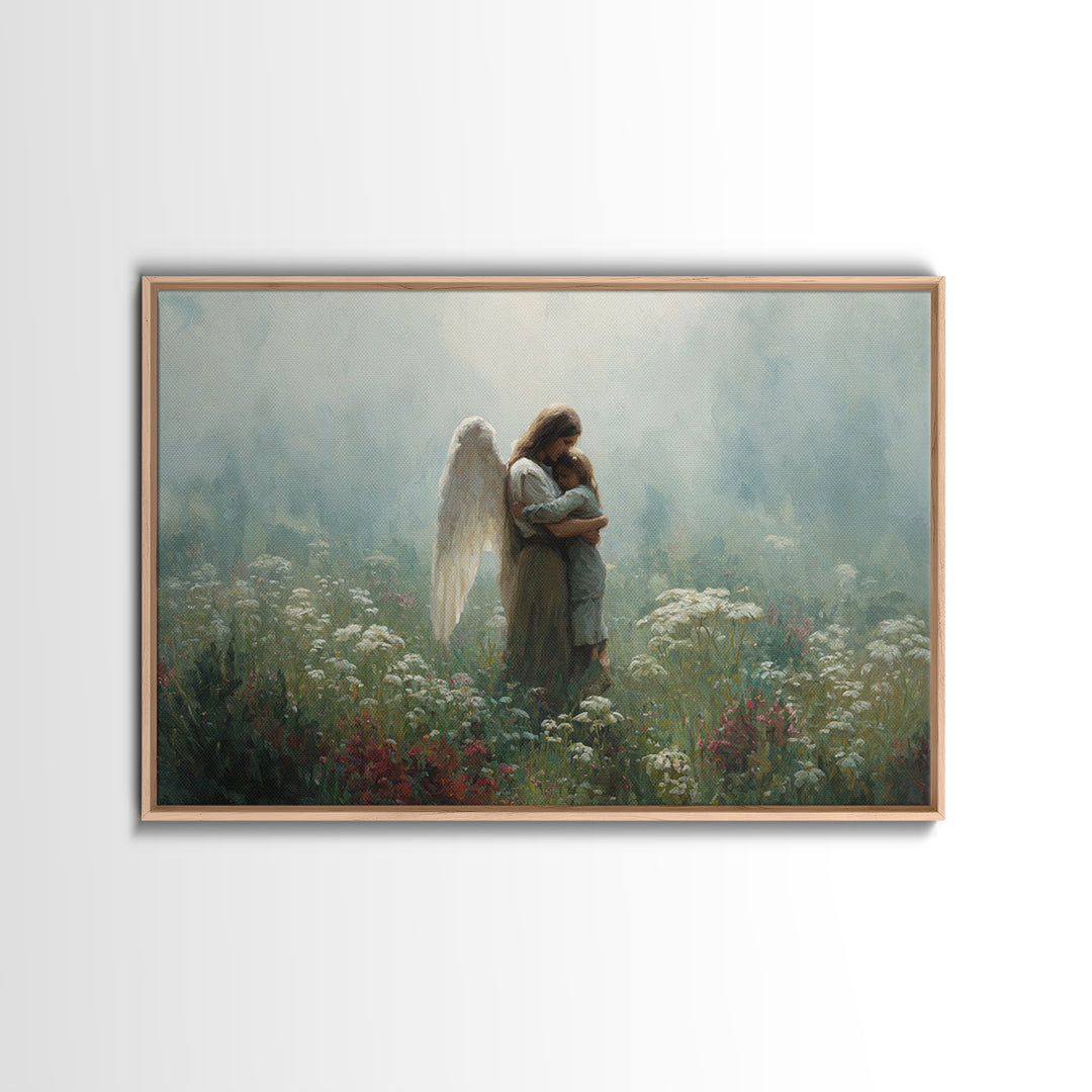 Angel Mother Cradling Child In Soft Meadow Canvas Print, Spiritual Wall Art, Calming Floral Nursery Decor, Gift For Mom, Home Decor