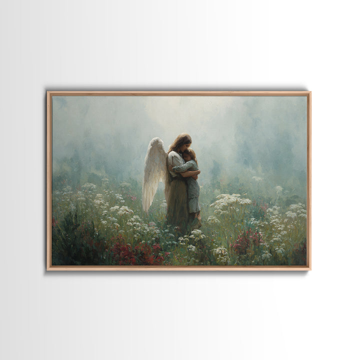 Angel Mother Cradling Child In Soft Meadow Canvas Print, Spiritual Wall Art, Calming Floral Nursery Decor, Gift For Mom, Home Decor
