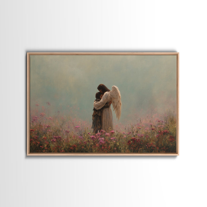 Winged Mother And Child Embracing In Pink Meadow Wall Art, Spiritual Nursery Decor, Moody Floral Painting, Gift For Her, Home Decor