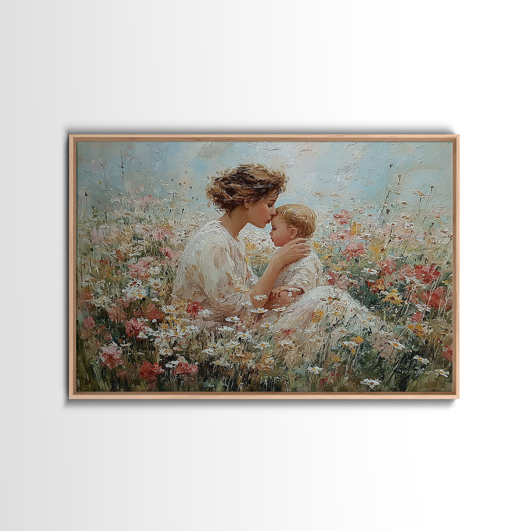 Tender Mother Kissing Baby Among White Daisies Framed Canvas Print, Floral Nursery Wall Art, Spiritual Gift For Mom, Home Decor