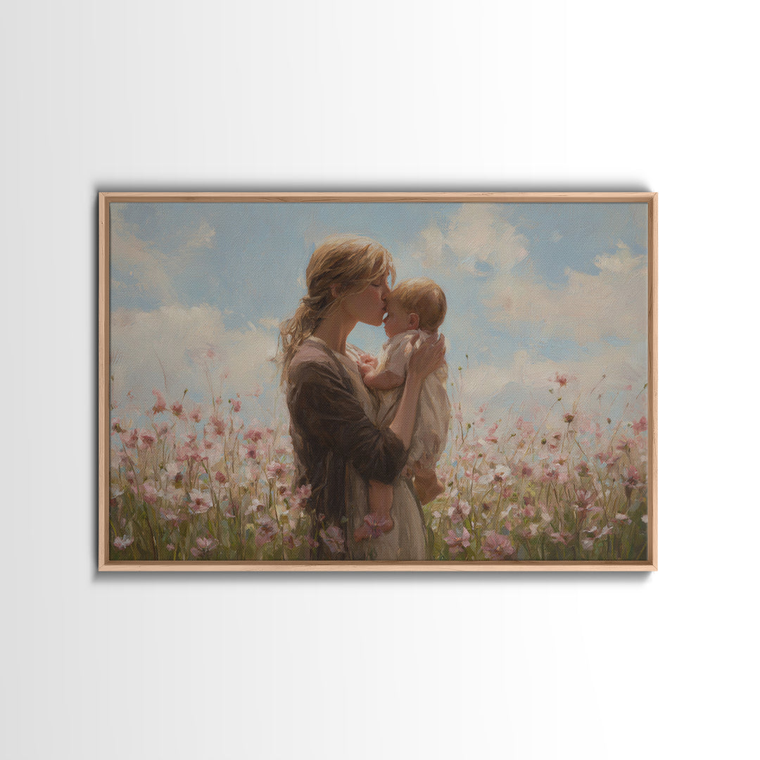 Blonde Mother Kissing Baby In Pink Flower Field Framed Canvas Print, Soft Nursery Wall Art, Mothers Day Gift, Home Decor