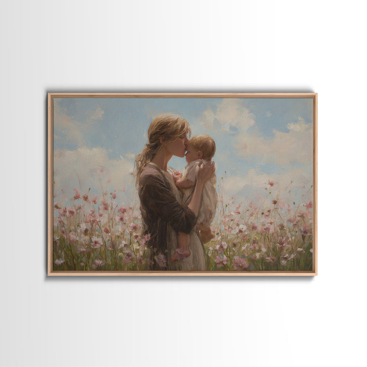 Blonde Mother Kissing Baby In Pink Flower Field Framed Canvas Print, Soft Nursery Wall Art, Mothers Day Gift, Home Decor