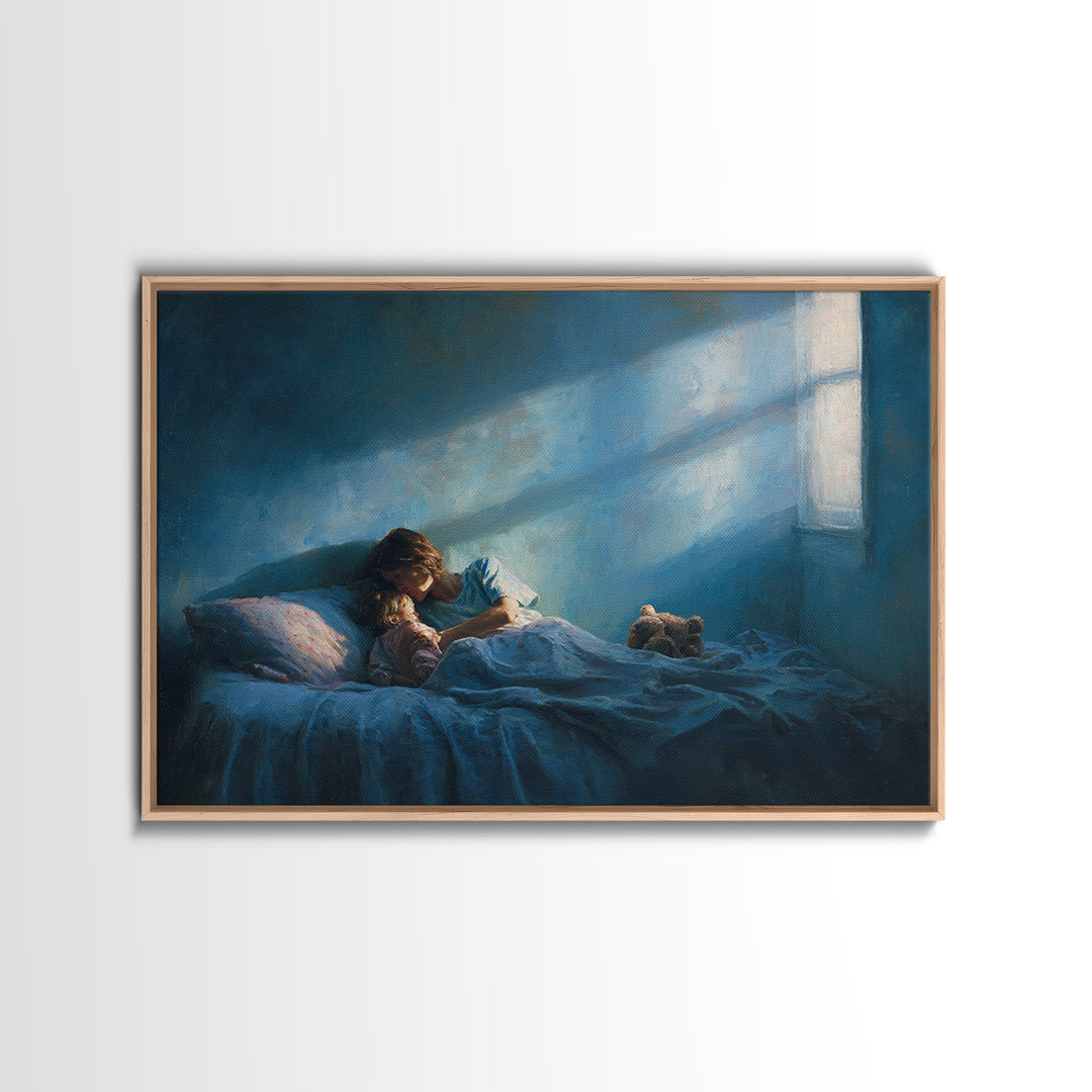 Moonlit Child Reading In Blue Bedroom Wall Art, Impressionist Oil Painting Print, Nursery Decor, Cozy Bedroom Art, Gift For Mom