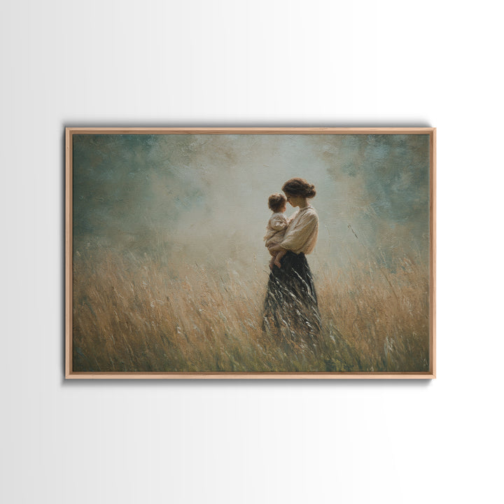 Mother And Child In Golden Grass Framed Canvas Print, Moody Impressionist Painting, Neutral Wall Art, Farmhouse Decor, Housewarming Gift