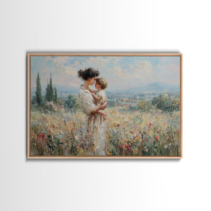 Mother And Child In Wildflower Hills Wall Art, Impressionist Oil Painting Print, Floral Wall Decor, Living Room Art, Gift For Mom