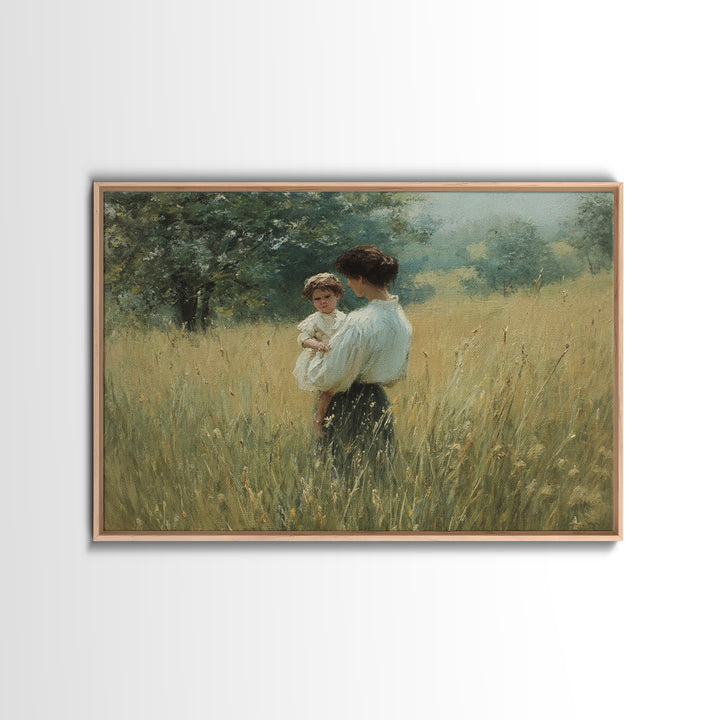 Mother Holding Child In Summer Field Framed Canvas Print, Impressionist Oil Painting, Rustic Wall Art, Farmhouse Home Decor