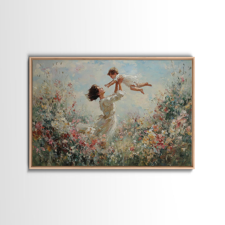 Mother Lifting Baby In Blooming Garden Wall Art, Joyful Impressionist Oil Painting Print, Floral Nursery Decor, Gift For Mom