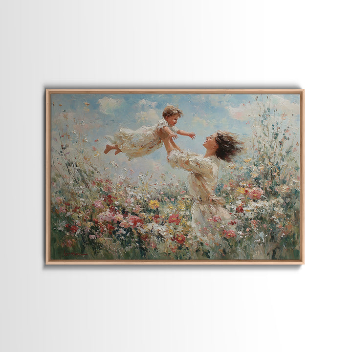 Mother Lifting Child Above Wildflowers Wall Art, Impressionist Oil Painting Print, Floral Nursery Decor, Living Room Decor, Gift For Mom