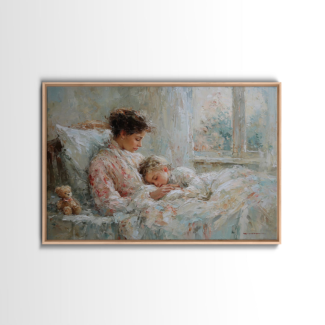 Mother And Child Bedtime Cuddle By Window Framed Canvas Print, Cozy Bedroom Wall Art, Nursery Wall Art, Gift For Mom, Home Decor