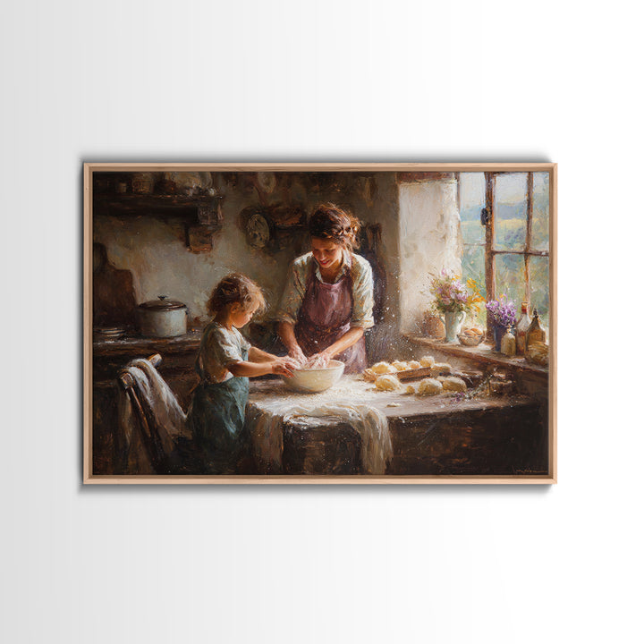 Mother And Child Mixing Dough In Warm Kitchen Framed Canvas Print, Farmhouse Kitchen Wall Art, Rustic Home Decor, Gift For Mom