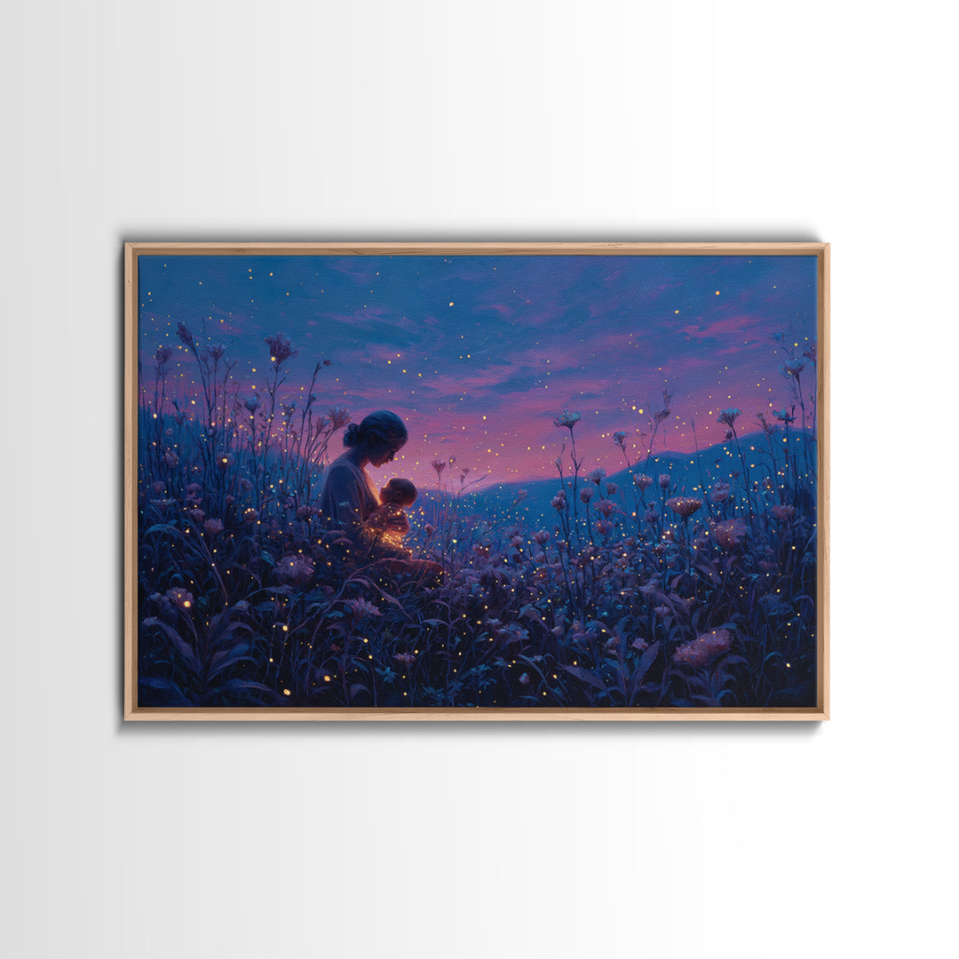 Twilight Mother And Child Firefly Canvas Print, Celestial Nursery Art, Fantasy Wall Decor, Gift For Mom, Bedroom Decor, Magical Art