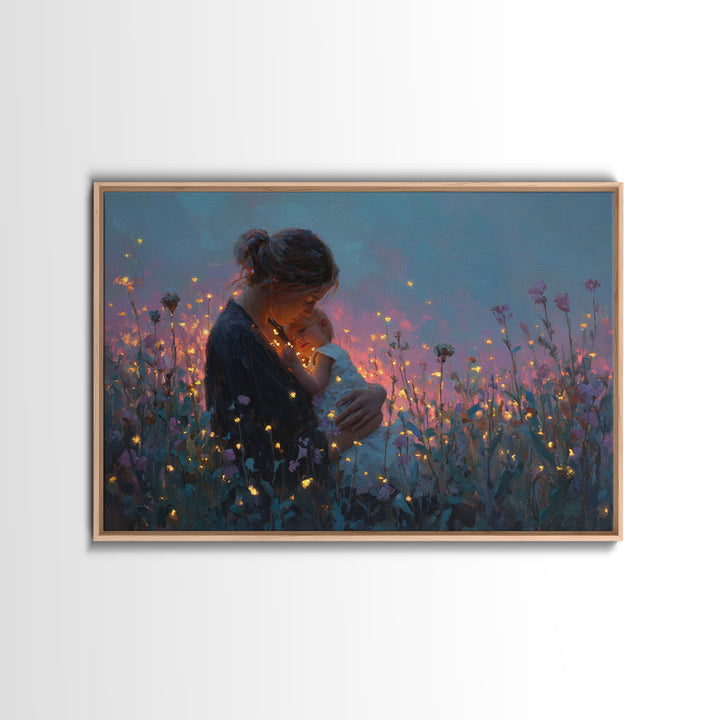 Glowing Mother And Infant Wildflower Canvas Print, Romantic Wall Art, Feminine Nursery Decor, Gift For Her, Cozy Wall Decor