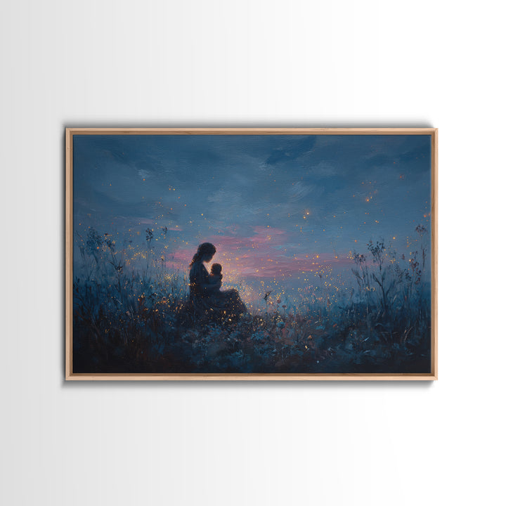 Moonlit Mother And Baby Firefly Wall Art, Celestial Canvas Wall Art, Moody Nursery Decor, Fantasy Art, Gift For Her, Bedroom Decor