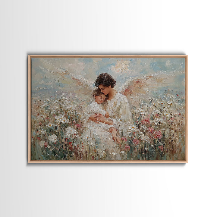 Textured Guardian Angel With Sleeping Child In Daisy Meadow Framed Canvas Print, Christian Wall Art, Nursery Decor, Gift