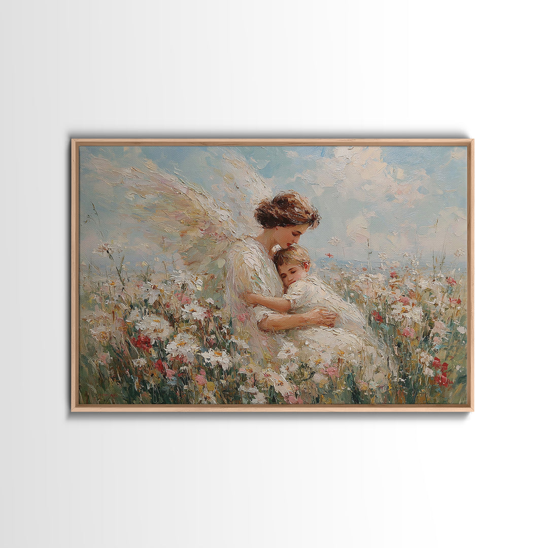 Sunlit Guardian Angel Embracing Child In Wildflower Meadow Canvas Print, Christian Wall Art, Motherhood Gift, Nursery Decor