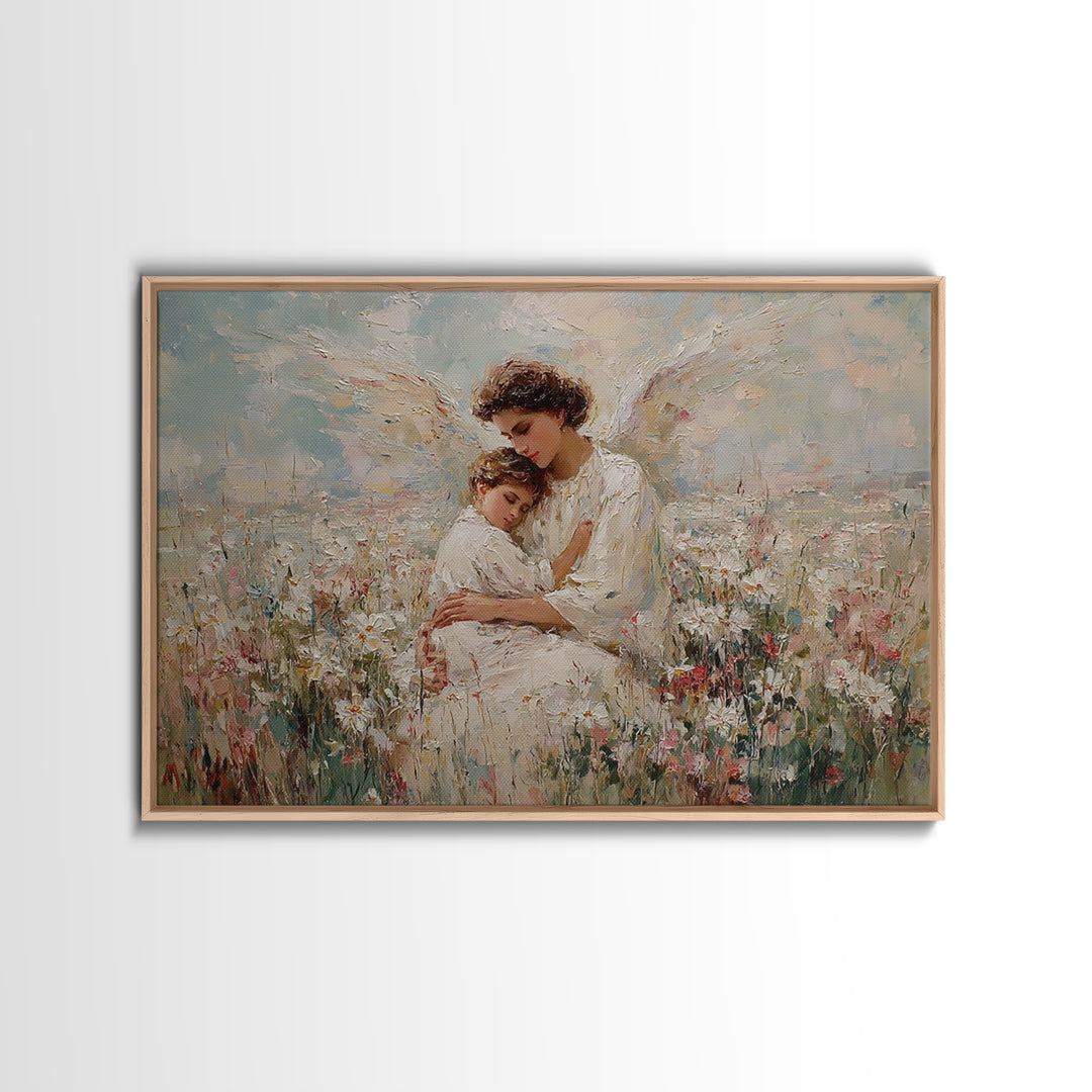 Pastel Guardian Angel Holding Child In Blooming Meadow Wall Art, Christian Nursery Decor, Motherhood Gift, Framed Art Print