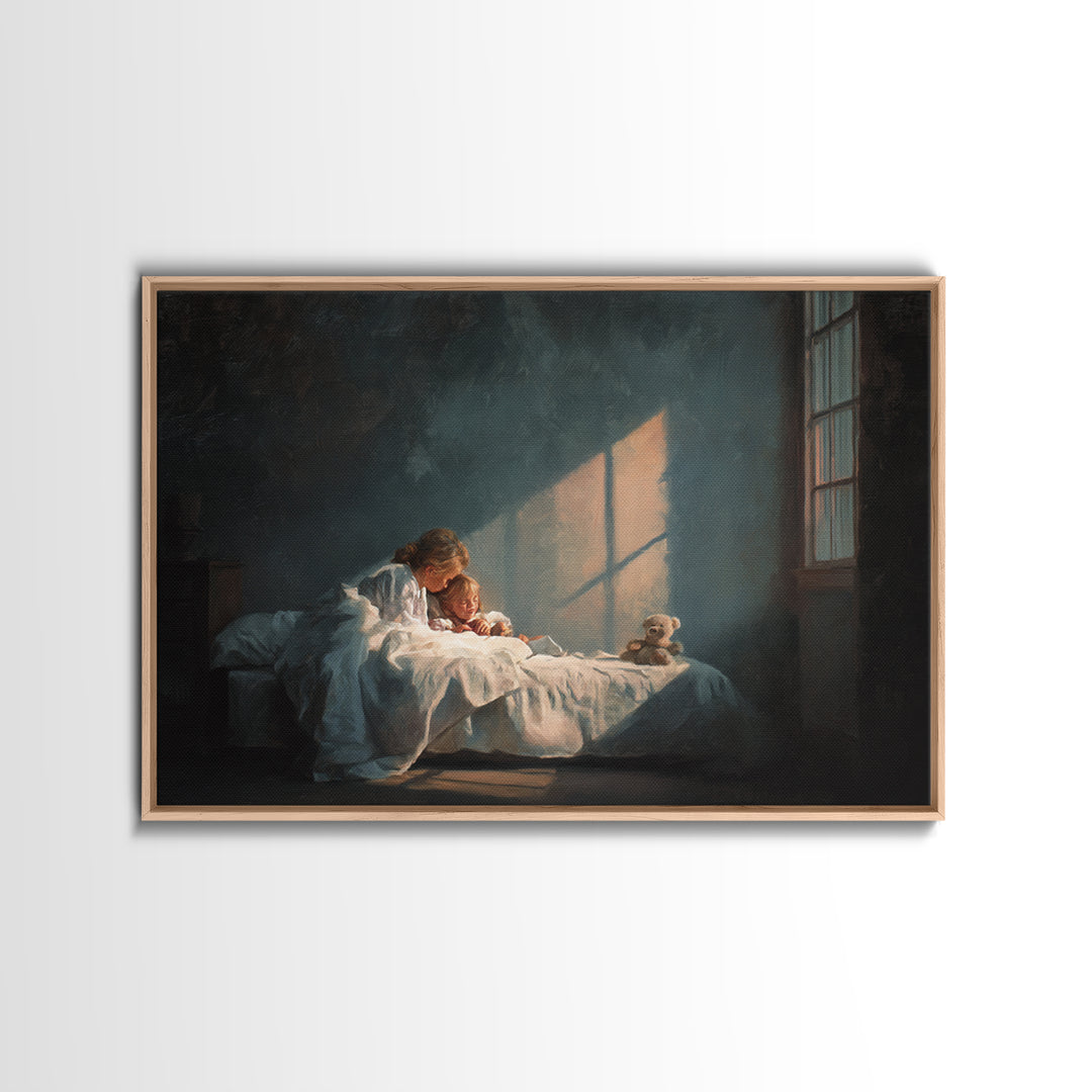 Bedtime Mother And Child In Moonlit Bedroom Framed Canvas Print, Nursery Wall Art, Cozy Home Decor, Mothers Day Gift, Bedroom Decor