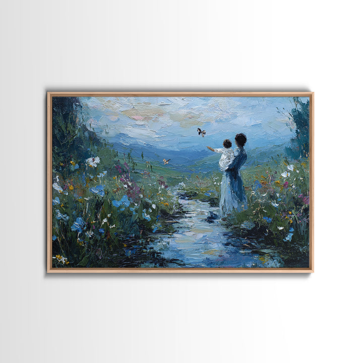 Mother And Child Watching Butterflies By Mountain Stream Canvas Print, Nature Wall Art, Christian Nursery Decor, Housewarming Gift