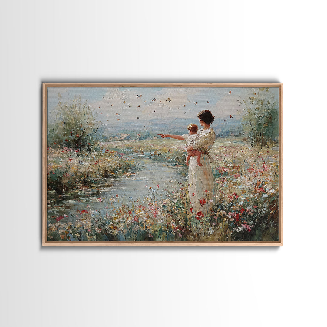 Mother And Baby Beside River Pointing At Butterflies Wall Art, Landscape Painting, Christian Nursery Decor, Gift For Mom