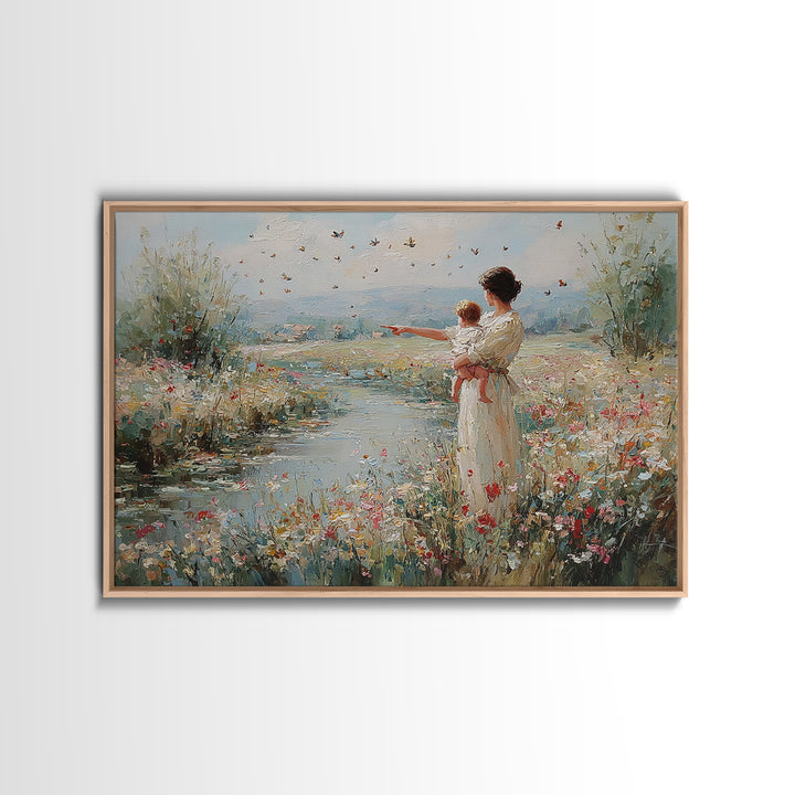 Mother And Baby Beside River Pointing At Butterflies Wall Art, Landscape Painting, Christian Nursery Decor, Gift For Mom