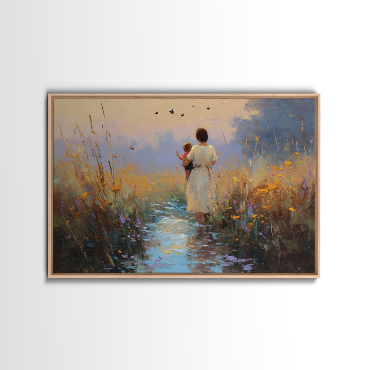 Mother And Child On Twilight Marsh Path Framed Canvas Print, Sunset Landscape Wall Art, Nursery Decor, Mothers Day Gift, Home Decor