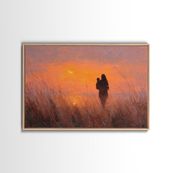 Mother And Baby Silhouette At Orange Sunset Wall Art, Warm Landscape Painting, Mothers Day Gift, Bedroom Decor, Boho Wall Decor