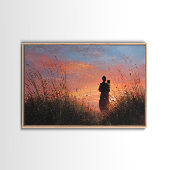 Mother And Baby Sunset Silhouette Framed Canvas Print, Moody Landscape Wall Art, Above Bed Decor, Gift For Her, Living Room Art