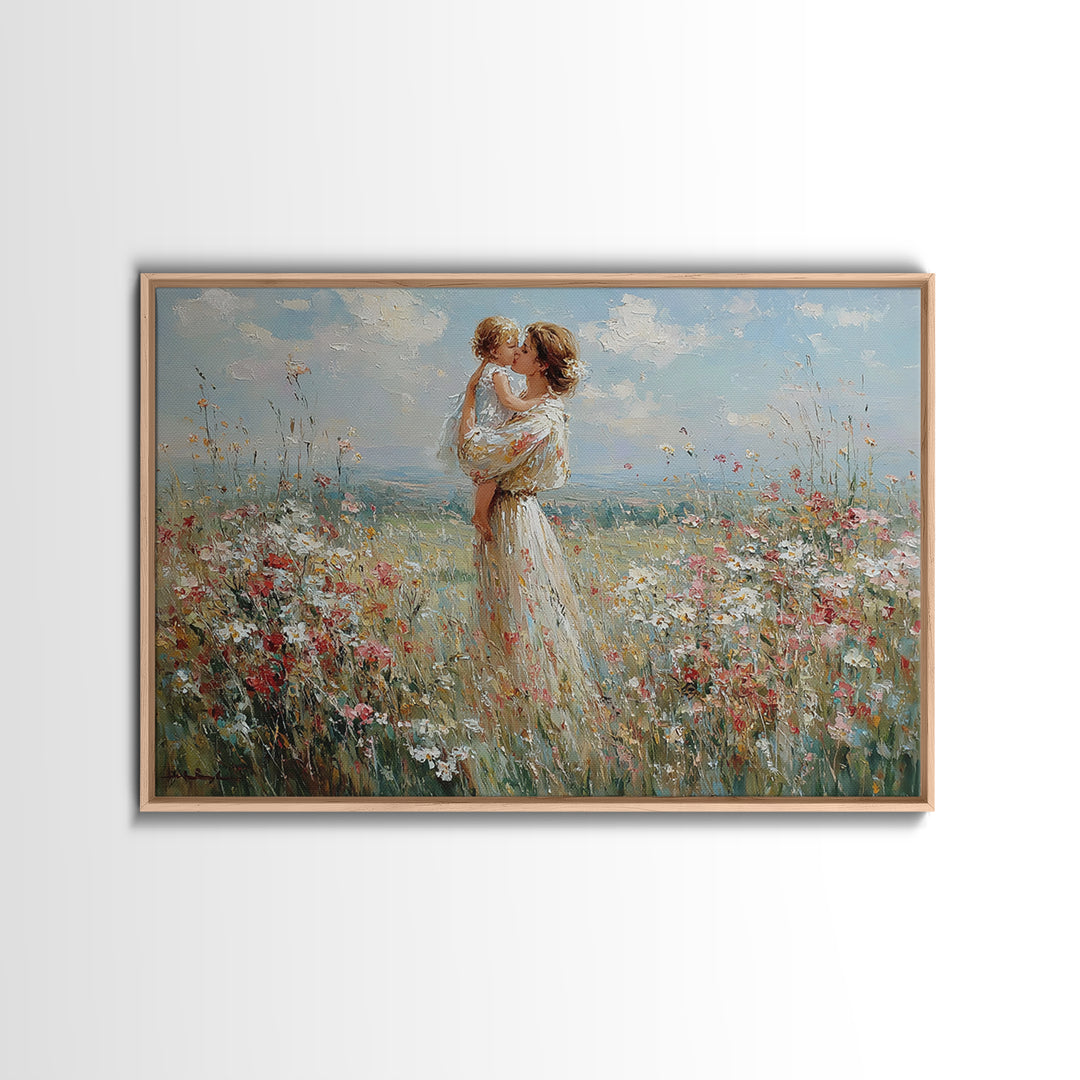 Mother Lifting Baby Among Summer Wildflowers Canvas Print, Floral Wall Art, Nursery Decor, Mothers Day Gift, Home Decor Art Print